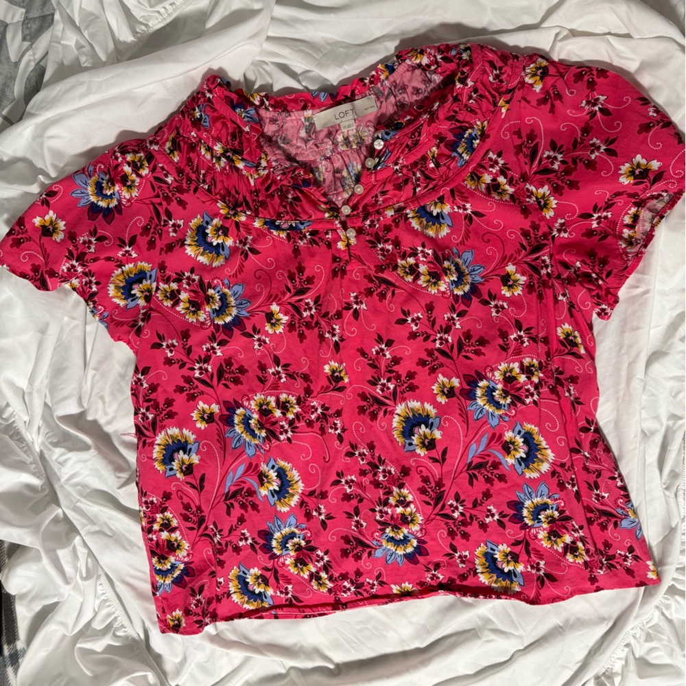 LOFT Pink Floral Top with Blue and Yellow Accents